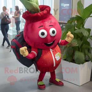 Red Turnip mascot costume character dressed with a Skinny Jeans and Backpacks