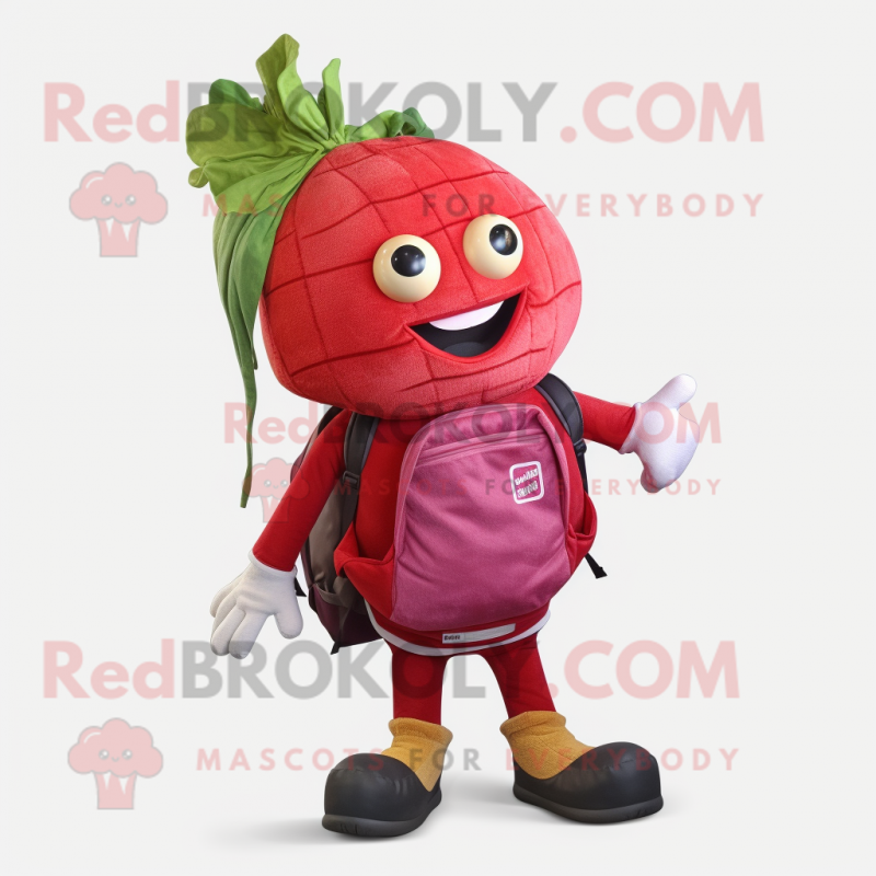 Red Turnip mascot costume character dressed with a Skinny Jeans and Backpacks