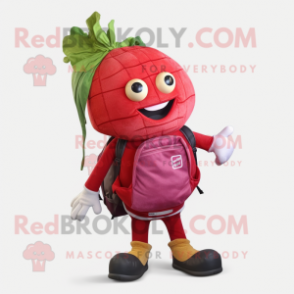 Red Turnip mascot costume character dressed with a Skinny Jeans and Backpacks