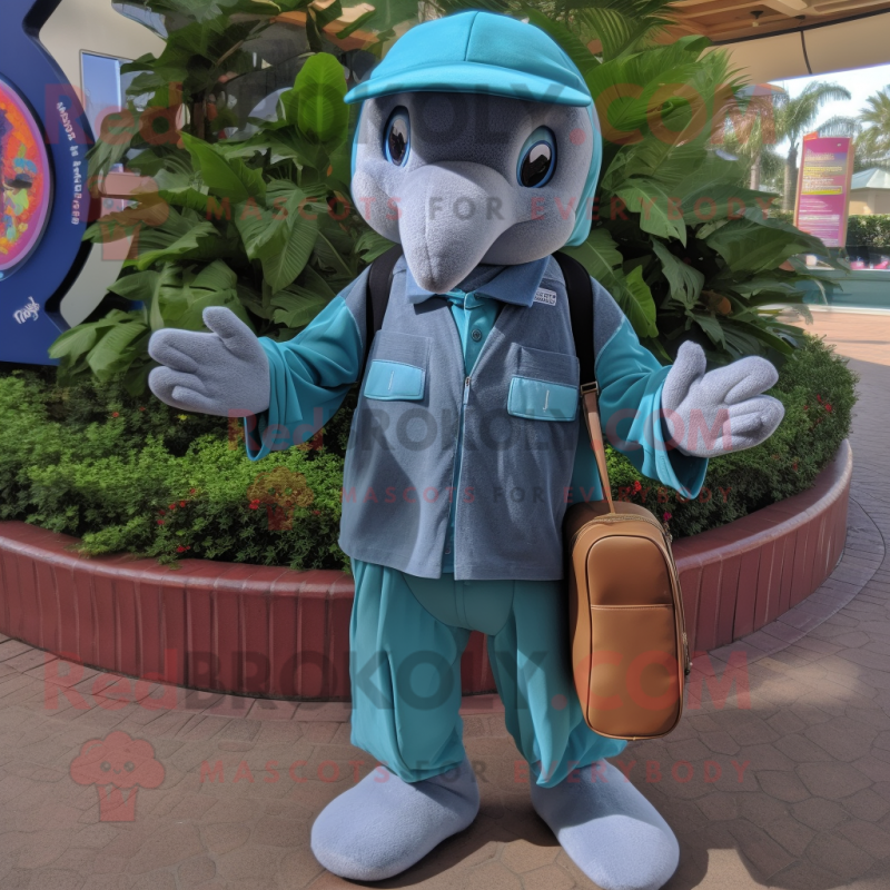 Teal Dolphin mascot costume character dressed with a Bermuda Shorts and Wallets