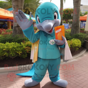 Teal Dolphin mascot costume character dressed with a Bermuda Shorts and Wallets