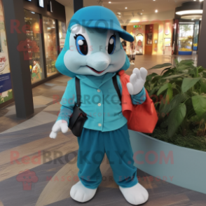 Teal Dolphin mascot costume character dressed with a Bermuda Shorts and Wallets