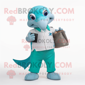 Teal Dolphin mascot costume character dressed with a Bermuda Shorts and Wallets