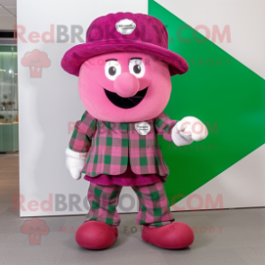 Magenta Four Leaf Clover mascot costume character dressed with a Flannel Shirt and Berets