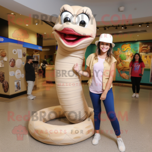 Beige Snake mascot costume character dressed with a Mom Jeans and Rings