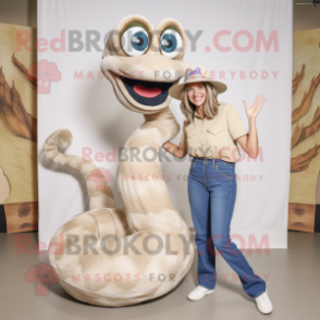 Beige Snake mascot costume character dressed with a Mom Jeans and Rings