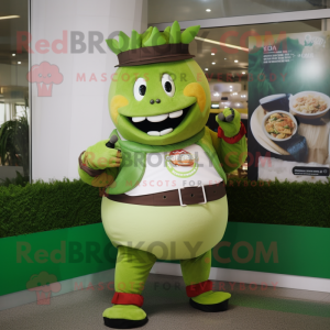 Olive Beef Wellington mascot costume character dressed with a Bermuda Shorts and Bracelet watches