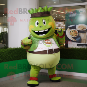 Olive Beef Wellington mascot costume character dressed with a Bermuda Shorts and Bracelet watches