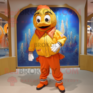 Gold Clown Fish mascot costume character dressed with a Bermuda Shorts and Shawl pins