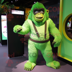 Lime Green Gorilla mascot costume character dressed with a Overalls and Ties