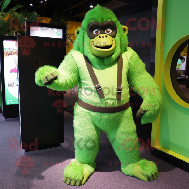 Lime Green Gorilla mascot costume character dressed with a Overalls and Ties