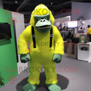 Lime Green Gorilla mascot costume character dressed with a Overalls and Ties