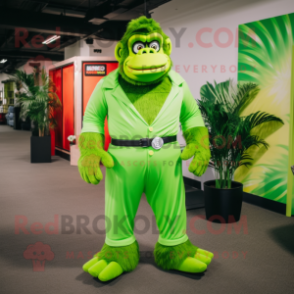 Lime Green Gorilla mascot costume character dressed with a Overalls and Ties