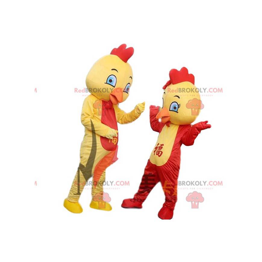 Mascot yellow and red chickens, colorful bird costume -