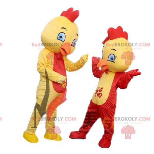 Mascot yellow and red chickens, colorful bird costume -