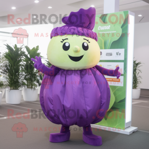 Purple Cabbage mascot costume character dressed with a Shift Dress and Headbands