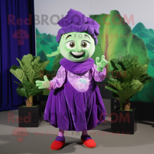 Purple Cabbage mascot costume character dressed with a Shift Dress and Headbands