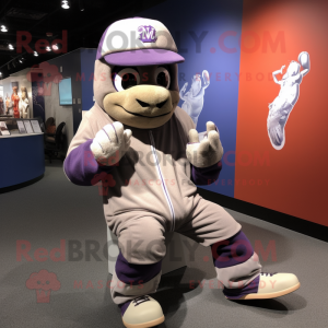 Lavender Baseball Glove mascot costume character dressed with a Hoodie and Brooches