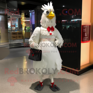 White Rooster mascot costume character dressed with a Mini Dress and Clutch bags