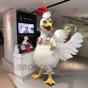 White Rooster mascot costume character dressed with a Mini Dress and Clutch bags