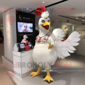 White Rooster mascot costume character dressed with a Mini Dress and Clutch bags