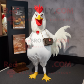 White Rooster mascot costume character dressed with a Mini Dress and Clutch bags