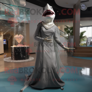 Gray Megalodon mascot costume character dressed with a Evening Gown and Necklaces