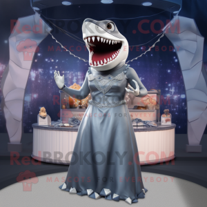 Gray Megalodon mascot costume character dressed with a Evening Gown and Necklaces