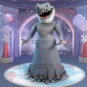 Gray Megalodon mascot costume character dressed with a Evening Gown and Necklaces