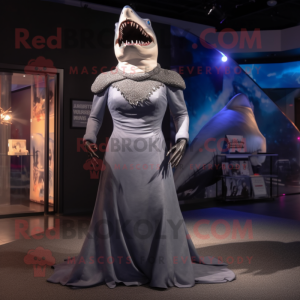 Gray Megalodon mascot costume character dressed with a Evening Gown and Necklaces