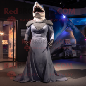 Gray Megalodon mascot costume character dressed with a Evening Gown and Necklaces