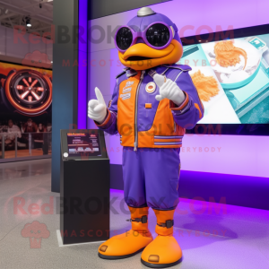 Purple Mandarin mascot costume character dressed with a Moto Jacket and Digital watches
