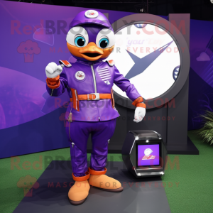 Purple Mandarin mascot costume character dressed with a Moto Jacket and Digital watches