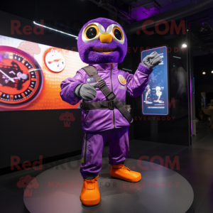 Purple Mandarin mascot costume character dressed with a Moto Jacket and Digital watches