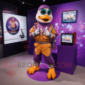 Purple Mandarin mascot costume character dressed with a Moto Jacket and Digital watches