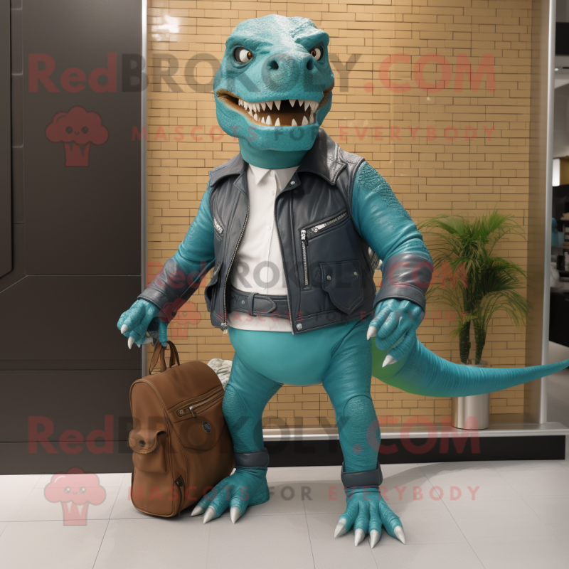 Teal Tyrannosaurus mascot costume character dressed with a Leather Jacket and Messenger bags