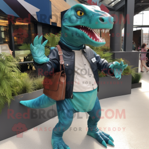 Teal Tyrannosaurus mascot costume character dressed with a Leather Jacket and Messenger bags