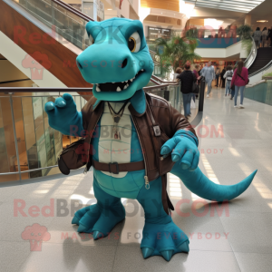 Teal Tyrannosaurus mascot costume character dressed with a Leather Jacket and Messenger bags