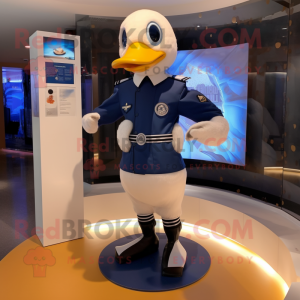 Navy Gosling mascot costume character dressed with a Rash Guard and Foot pads