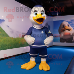 Navy Gosling mascot costume character dressed with a Rash Guard and Foot pads