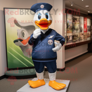 Navy Gosling mascot costume character dressed with a Rash Guard and Foot pads