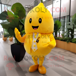 Yellow Mango mascot costume character dressed with a Bodysuit and Lapel pins