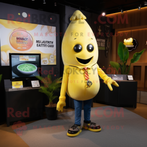 Yellow Mango mascot costume character dressed with a Bodysuit and Lapel pins