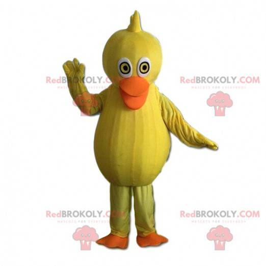 Mascote de pato amarelo e laranja, fantasia de canário gigante