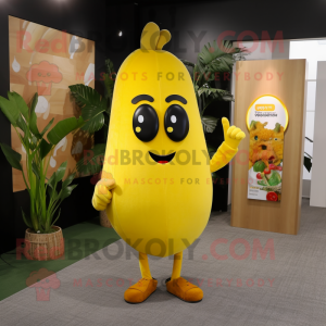 Yellow Mango mascot costume character dressed with a Bodysuit and Lapel pins