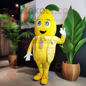 Yellow Mango mascot costume character dressed with a Bodysuit and Lapel pins