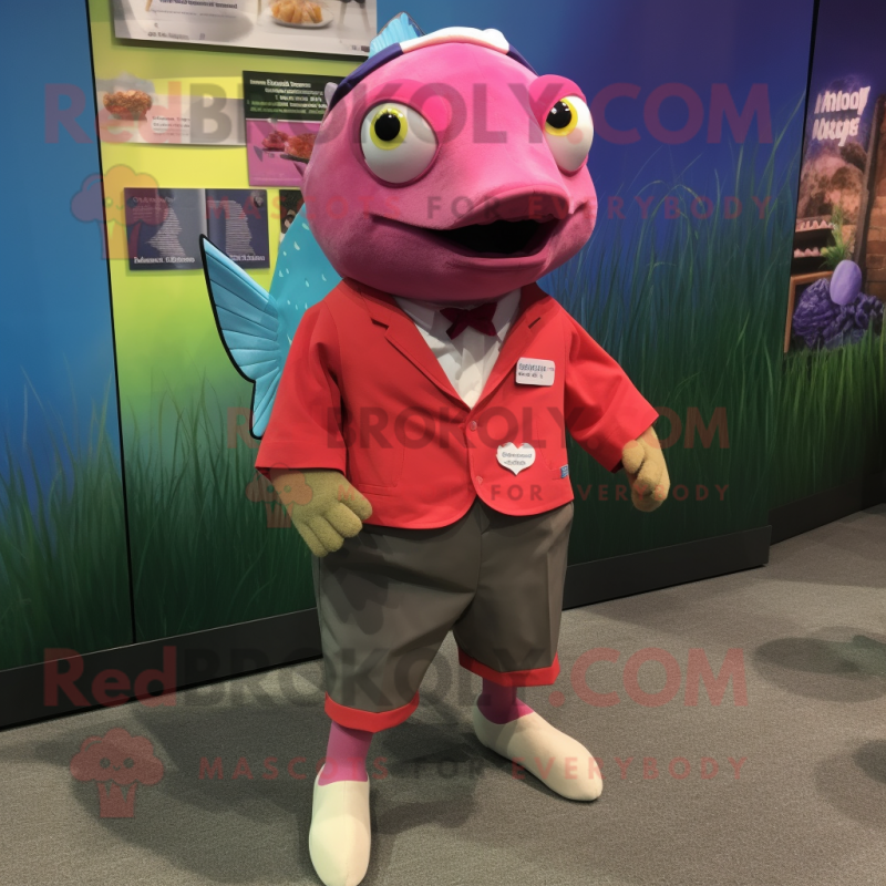 Magenta Salmon mascot costume character dressed with a Shorts and Pocket squares