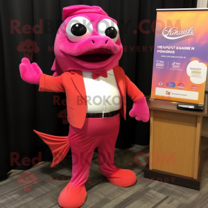 Magenta Salmon mascot costume character dressed with a Shorts and Pocket squares