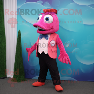 Magenta Salmon mascot costume character dressed with a Shorts and Pocket squares