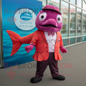 Magenta Salmon mascot costume character dressed with a Shorts and Pocket squares